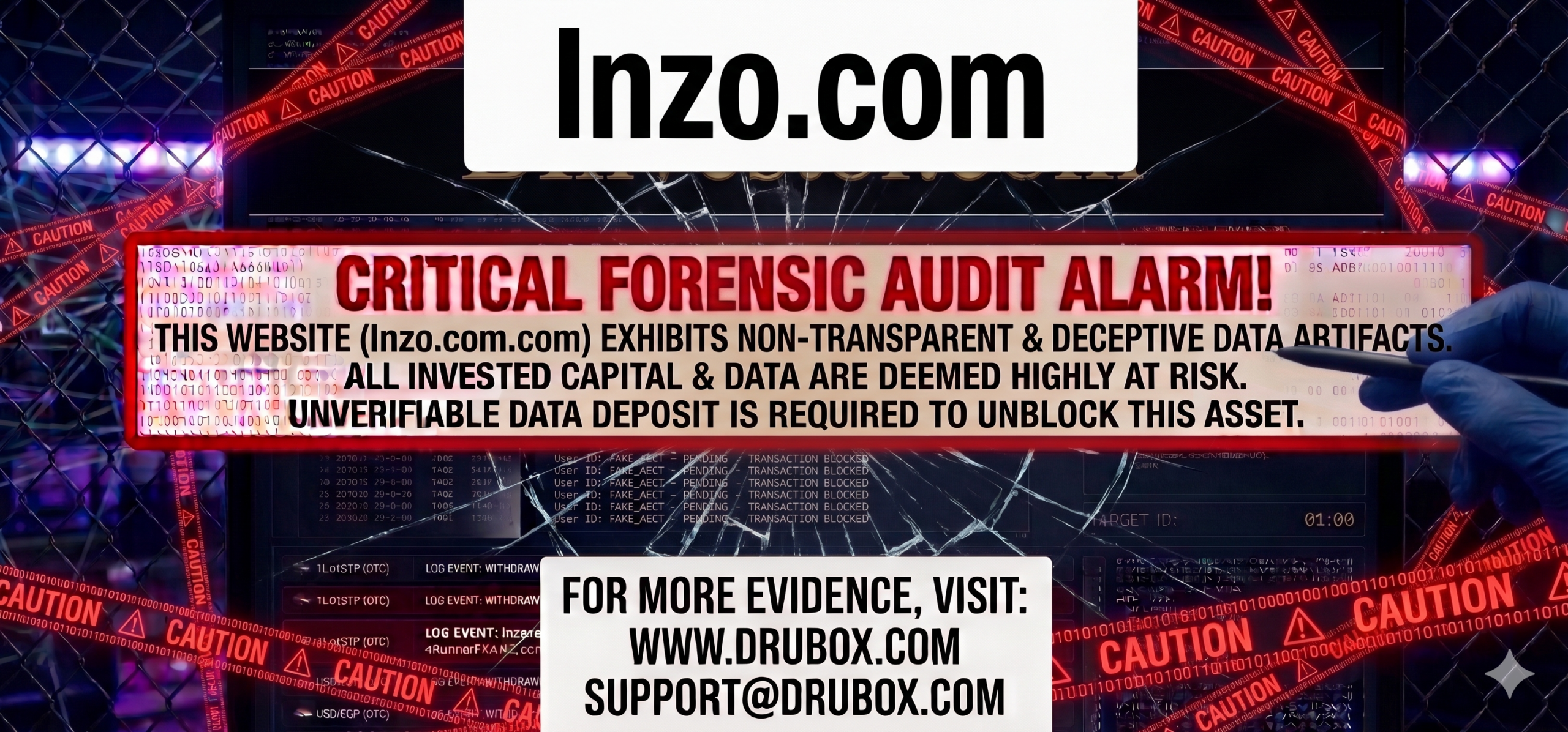 Forensic diagram showing a fake MT4 trading screen used in the Inzo.com scam, blocked by a large digital padlock warning.