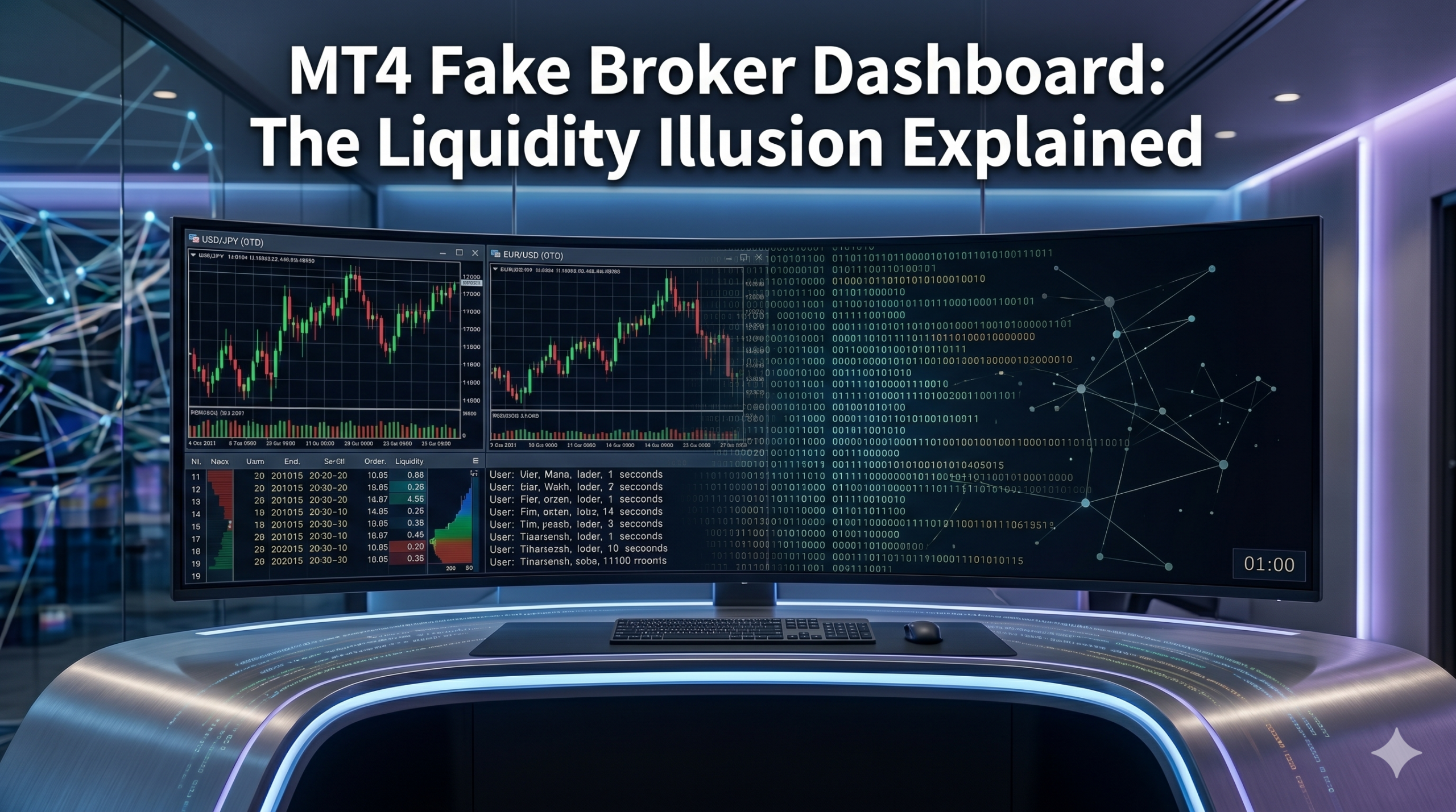 Forensic diagram explaining the MT4 fake broker dashboard infrastructure, highlighting the disconnection between the user's trading terminal and actual global liquidity pools.