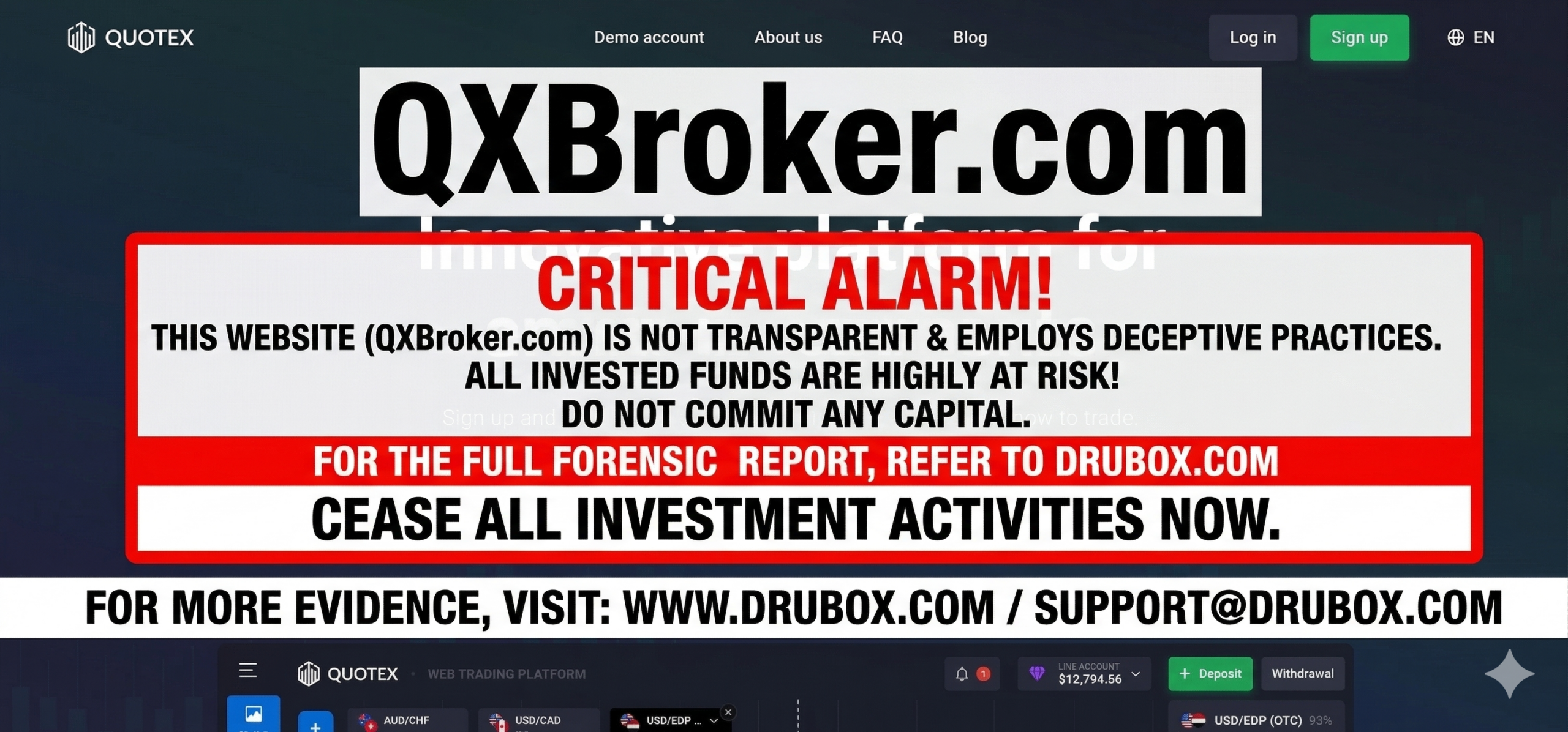 Forensic diagram outlining the gamified trading dashboard and endless KYC withdrawal freeze mechanics utilized in the QXBroker.com scam.