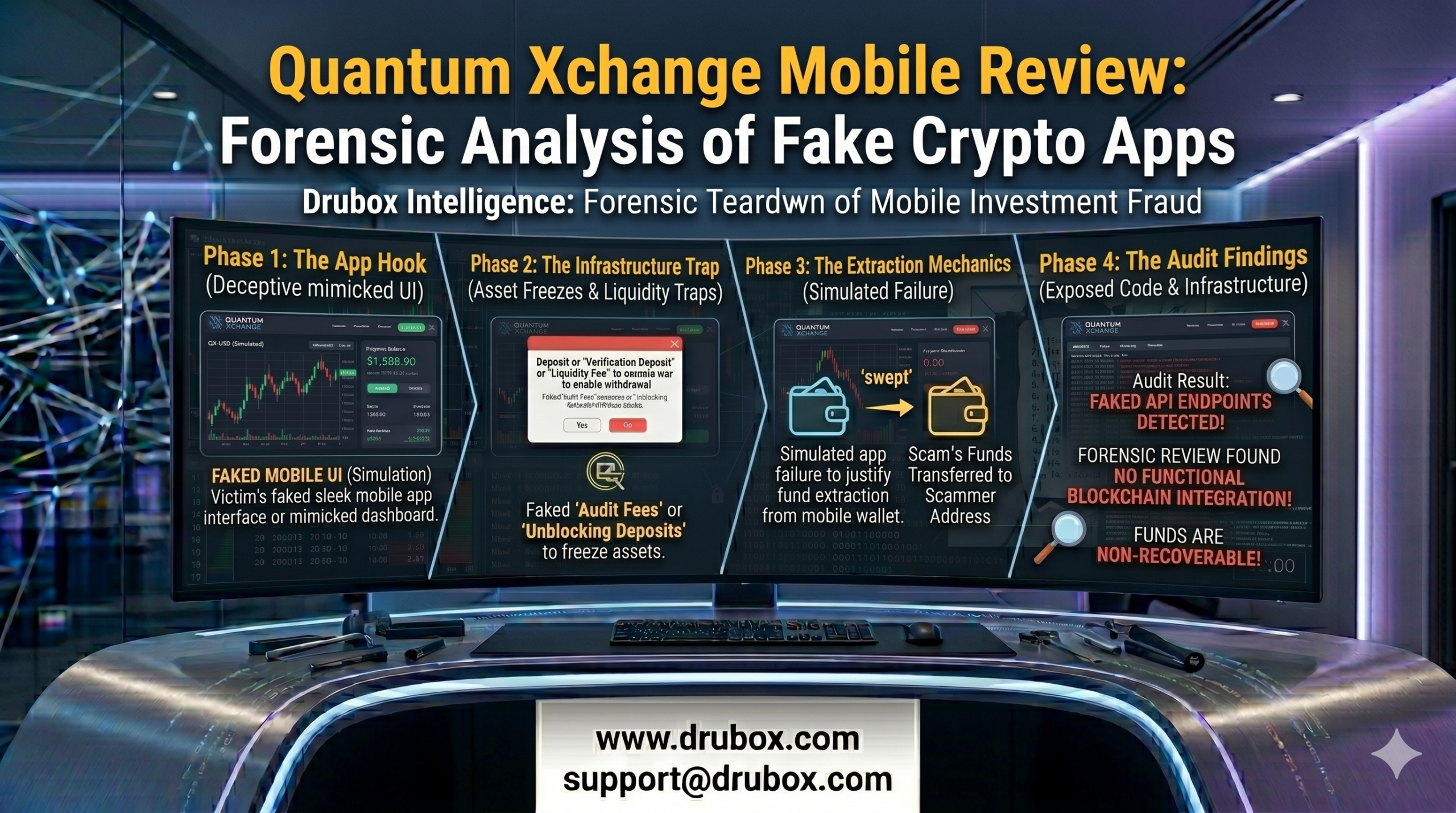Forensic infrastructure map exposing Quantum Xchange Mobile's unverified subdomain routing and malicious application architecture.
