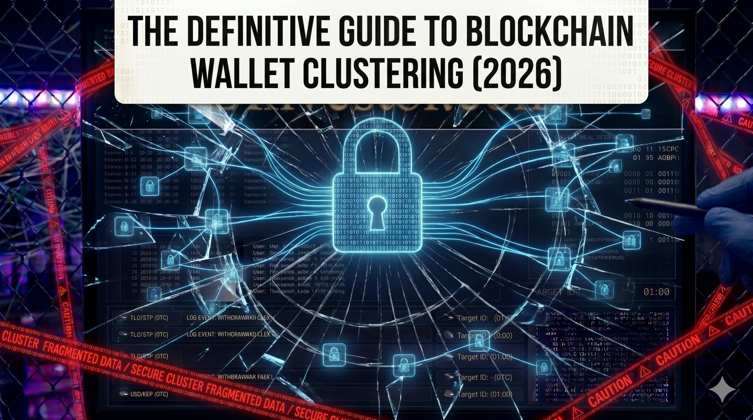 Forensic diagram illustrating the process of blockchain wallet clustering, showing multiple anonymous wallet addresses algorithmically connecting to a single threat actor node.