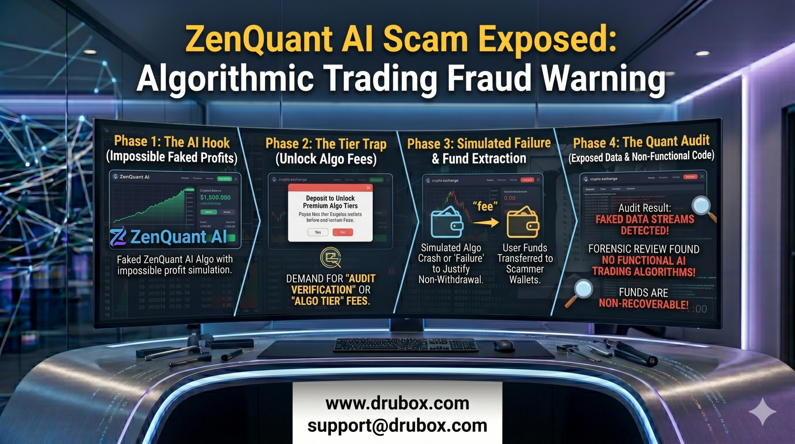 Forensic diagram showing a fake algorithmic trading dashboard used in the ZenQuant AI scam, blocked by a glowing red digital lock indicating a withdrawal freeze.