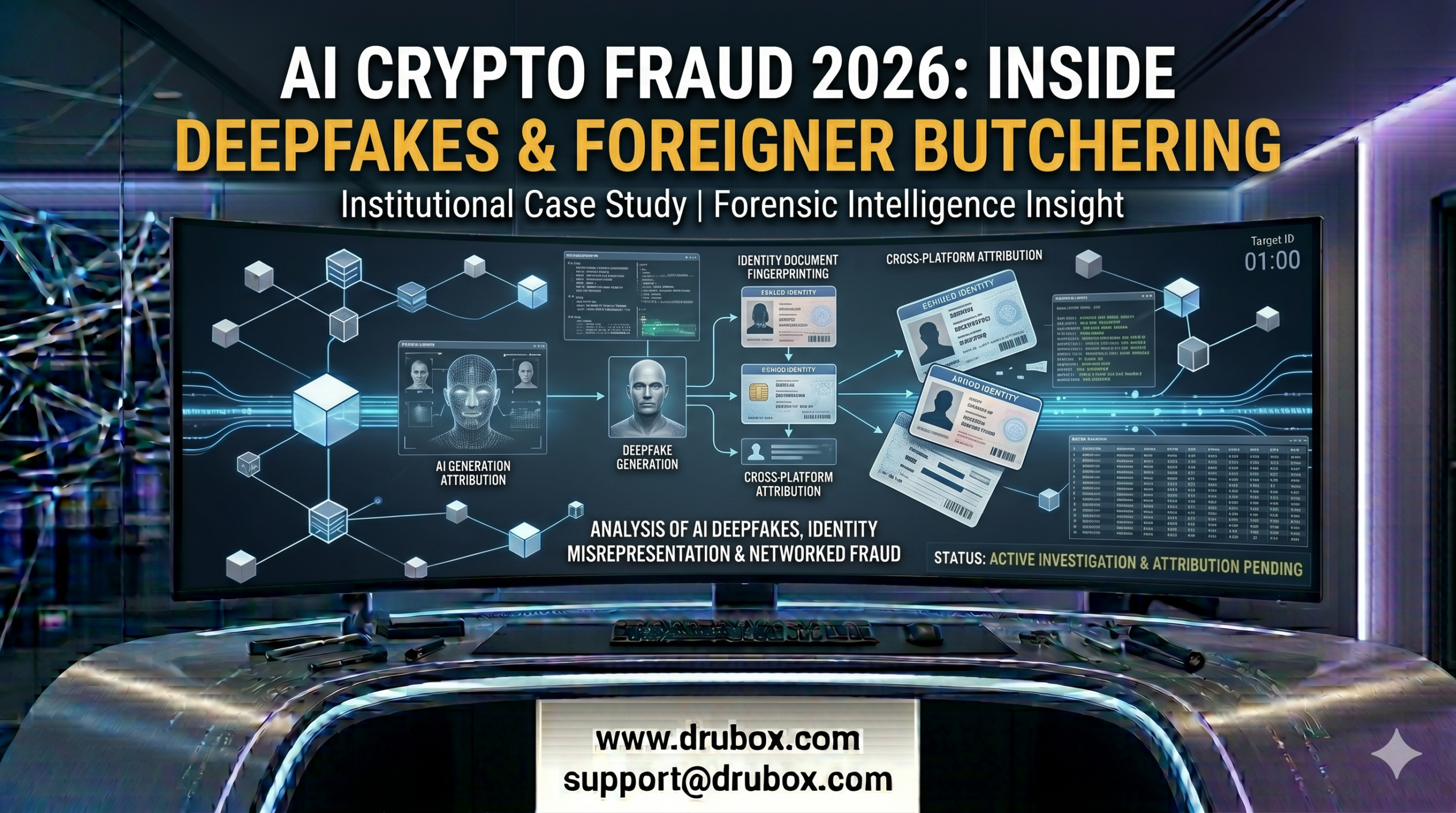 A visual intelligence report covering the alarming rise of AI crypto fraud 2026, showing a digital persona mask overlapping a cyber-security interface.