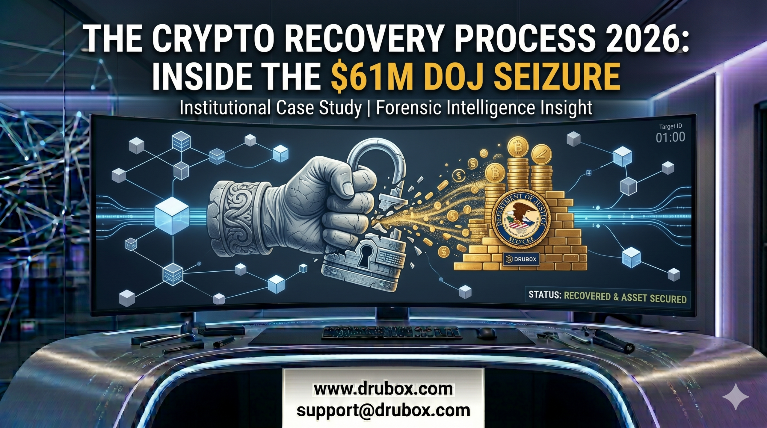 A forensic visualization of the crypto recovery process 2026, showing blockchain transaction tracking leading to a federal law enforcement shield.