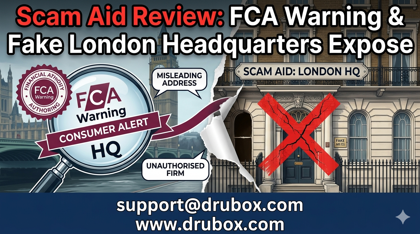 A visual representation of Scam Aid operating with a fake London headquarters while ignoring UK FCA regulatory warnings.