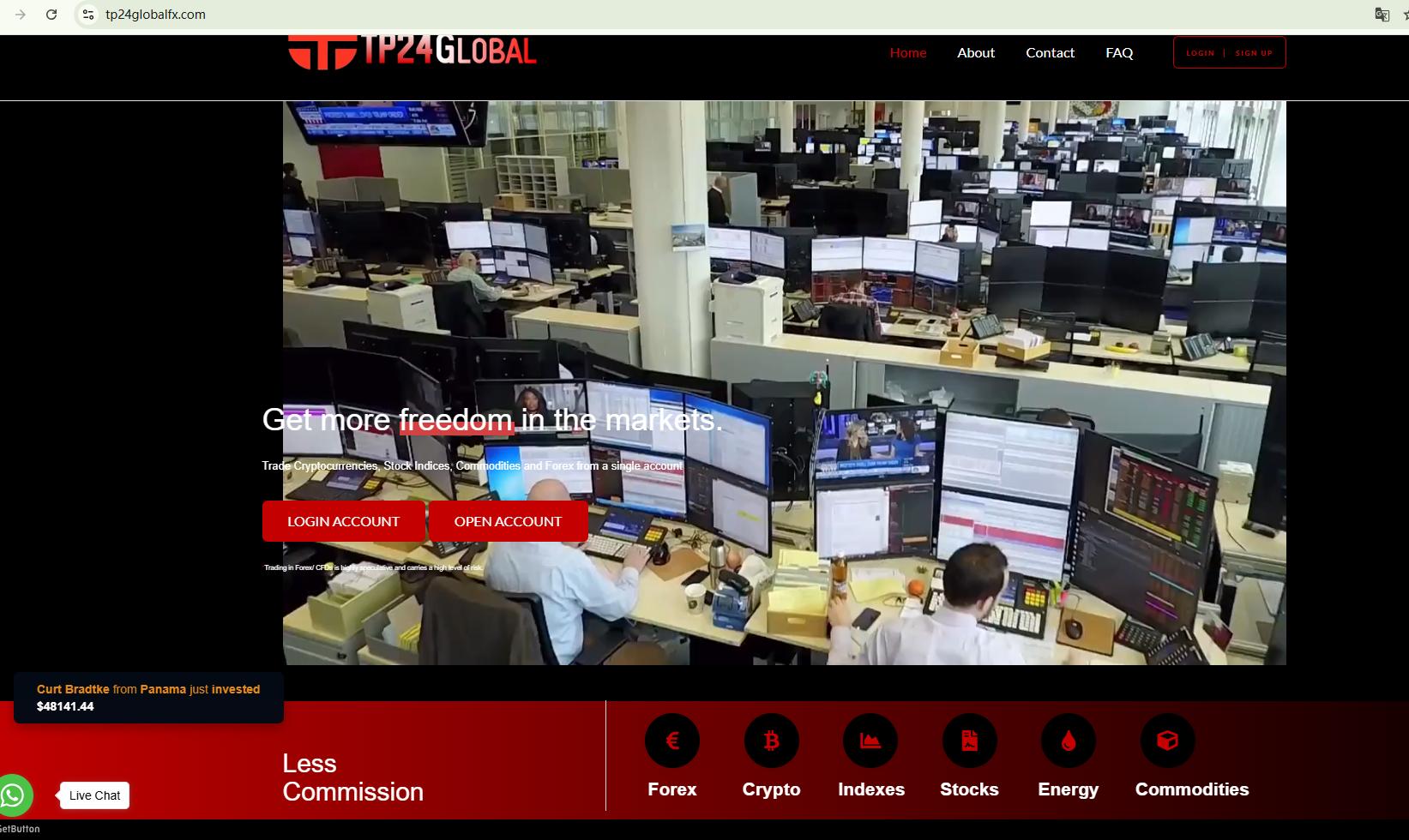 A visual warning map showing TP24GLOBAL and the official UK FCA blacklist alert for illegal financial activities.