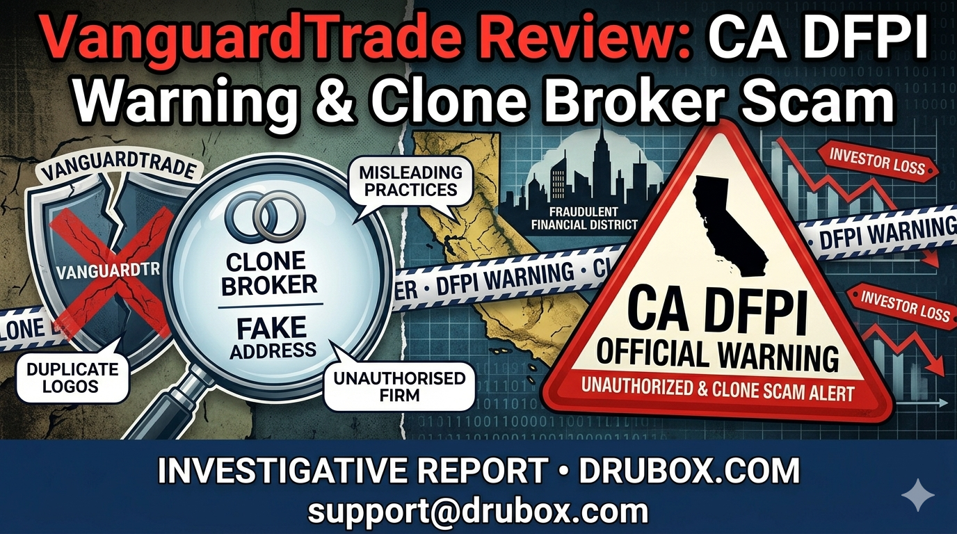 A visual representation of VanguardTrade using typosquatting tactics to mimic legitimate financial institutions while operating as a fraudulent clone.